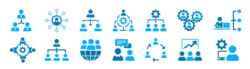 Obraz premium Manager icon set. Teamwork hierarchy management with gear symbol vector illustration. 