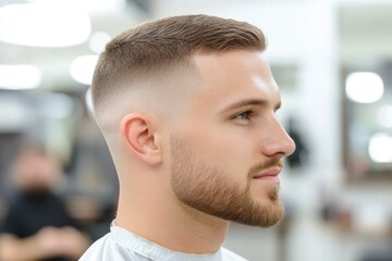 Photo of an attractive man with beard, and a side-part fade haircut in a barbershop