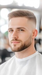 Photo of an attractive man with beard, and a side-part fade haircut in a barbershop