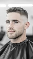 Obraz premium Photo of an attractive man with beard, and a side-part fade haircut in a barbershop