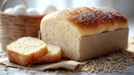 Naklejka premium Freshly baked loaf of bread with two slices and wheat kernels
