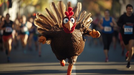 Runner dressed in a turkey costume participating in a fun Thanksgiving race, perfect for holiday promotions, festive events, and family-friendly sports content