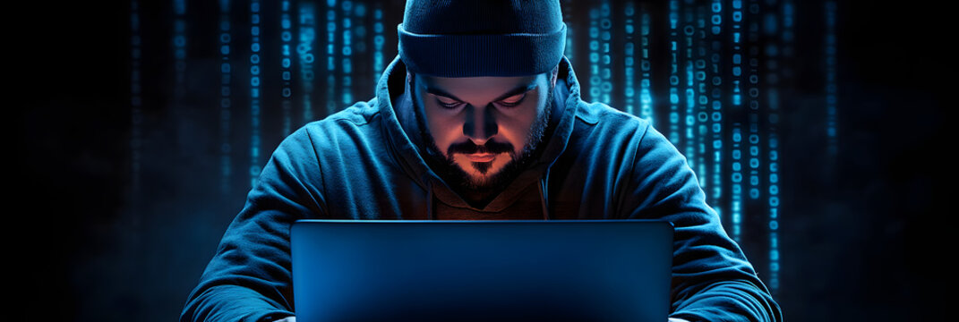 hacker man with his laptop about to hack and commit a cyber crime