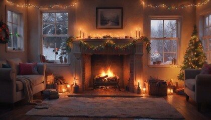 A cozy Christmas fireplace adorned with festive garlands and twinkling lights, casting a warm glow that invites family and friends to gather around, Generative AI