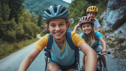 Naklejka premium Happy kids cycling along a scenic mountain road with family, perfect for outdoor adventure, family activities, and youth sports promotions