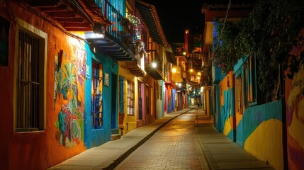 Naklejka premium Colorful Night Street in a Latin American Town