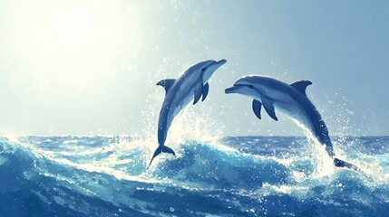 Dolphins Jumping Over Ocean Waves at Sunset