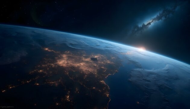 A view of Earth from space at night, with the planet's surface illuminated by city lights and a glowing atmosphere against a starry night sky
