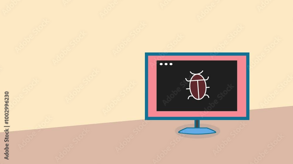 Poster mug virus in computer screen in office table with copy space, illustration animation