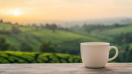 Tea cup in serene nature, overlooking rolling green hills of tea plantations at golden hour