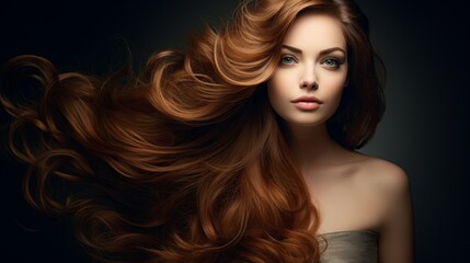 Fototapeta premium Vogue style close up portrait of beautiful woman with long curly blond hair on black background. Neural network ai generated art