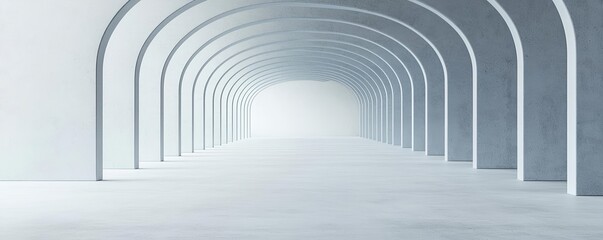 Abstract architecture with sleek curved walls, 3D rendering, smooth concrete floor, light-filled interior