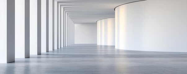 Fototapeta premium Abstract architecture with sleek curved walls, 3D rendering, smooth concrete floor, light-filled interior