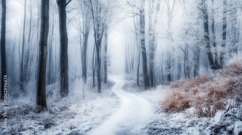 Poster Frost blankets the trees in a quiet forest, creating a magical atmosphere. A winding path meanders through the soft snow, inviting exploration in this winter wonderland