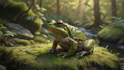 A serene photograph of a frog sitting on a moss-covered rock in a sunlit forest, embodying the peaceful coexistence of wildlife and nature, Generative AI