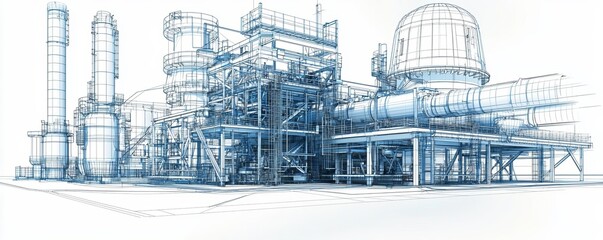 Fototapeta premium Industrial factory blueprint sketch, wireframe rendering, mechanical equipment, precise technical illustration