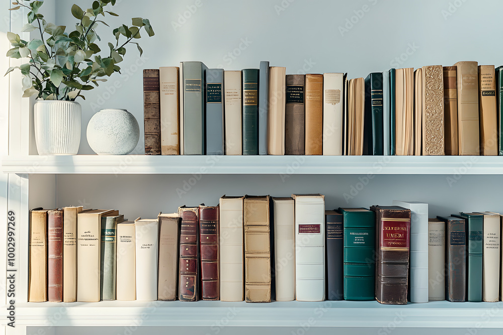 Poster Books on white shelf.