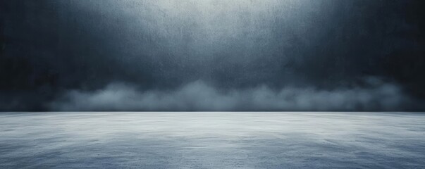 Minimalist dark room with dense fog, misty atmospheric background, concrete floor, product showcase