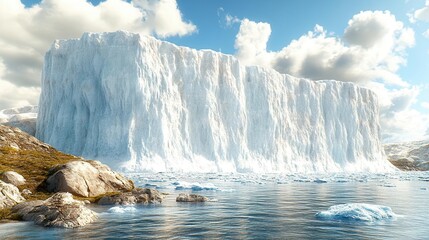 A towering glacier wall reflects the bright blue sky