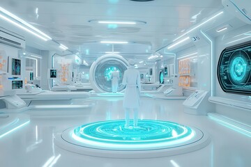 Futuristic medical lab with holographic displays, scifi, blue and white, digital rendering