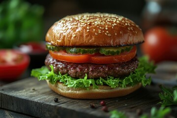close-up shot of a homemade beef burger with fresh tomatoes and lettuce, perfect for a burger concept banner
