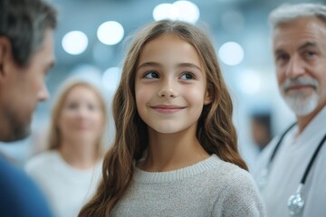 Girl patient looking forward to her doctor and examination in a modern clinic. Girl arriving in hospital with her parents. Emotional support during medical, Generative AI