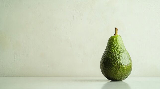 An avocado, a pear-shaped fruit with smooth, green skin, rests alone against a stark white backdrop. Its skin is unblemished, hinting at the creamy, buttery flesh within