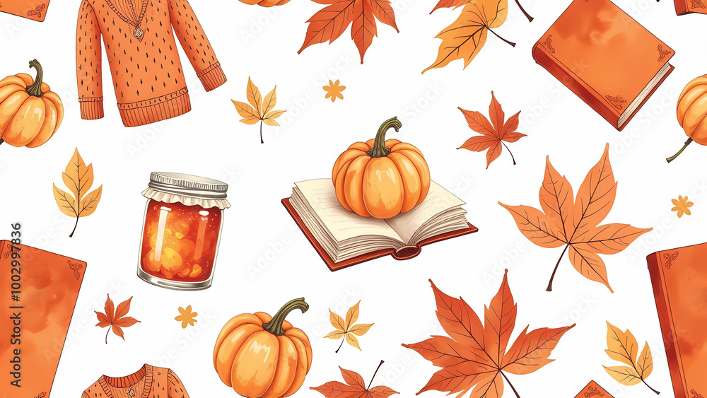 Poster set of autumn illustrations with orange and brown elements in the form of a book, a sweater, a jar o