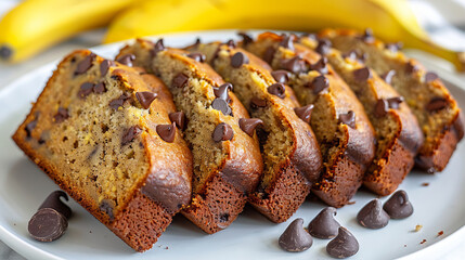 Slices of banana bread with chocolate chips arranged on a white plate. Background has whole bananas. Concept of homemade baked goods.