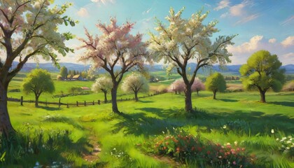 Fototapeta premium A vibrant spring farm landscape with blooming fruit trees and lush green fields, capturing the essence of renewal and the promise of harvest, Generative AI