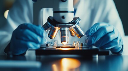 Detailed view of a scientist adjusting a microscope, with a focus on the equipment and the lab environment