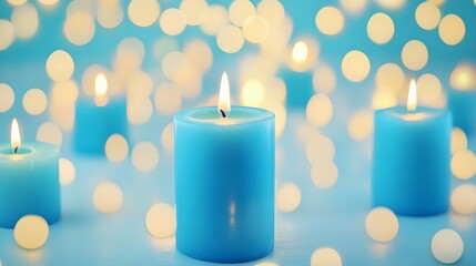 several blue candles with flames burning at the top. The background is filled with numerous out-of-focus, circular lights that create a bokeh effect, giving the image a soft and dreamy appearance.