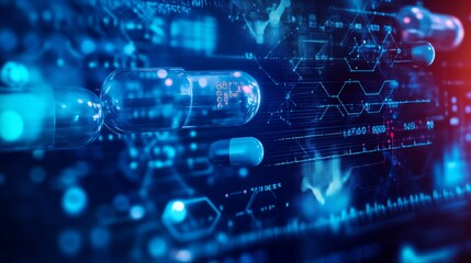 Fototapeta premium Digital background of pharmaceutical concepts with molecule structures and research graphs