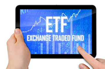 Tablet with touchscreen and acronym etf - exchange traded fund isolated on white background
