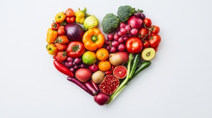 Heart shape created from a collection of colorful fruits and vegetables on a white background, emphasizing nutritious eating