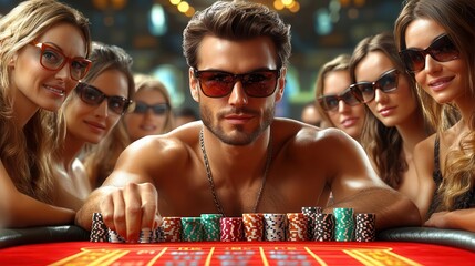 Fototapeta premium A man in sunglasses plays poker surrounded by women