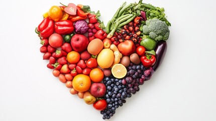 Heart shape created from a collection of colorful fruits and vegetables on a white background, emphasizing nutritious eating