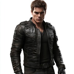 Fototapeta premium A serious-looking man wearing a black leather jacket