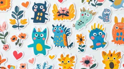 Naklejka premium Colorful cartoon monsters and flowers on a white background.