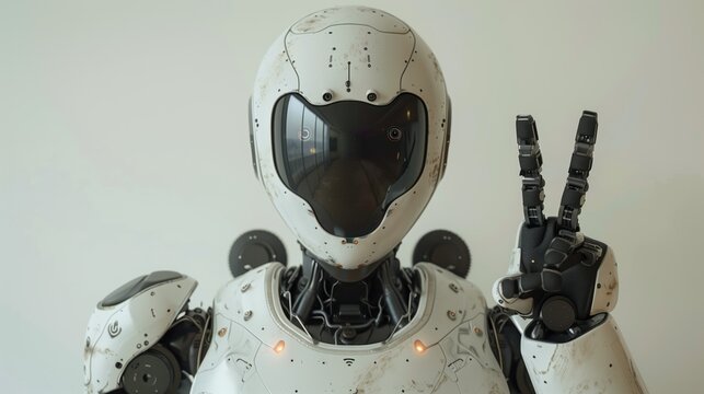 An advanced humanoid robot making a peace sign gesture with its hand is presented here