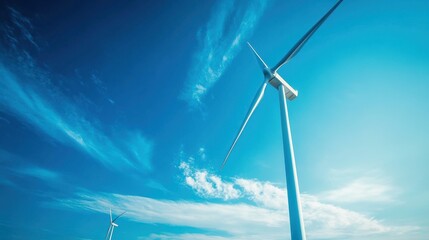 Wind Farm with Turbines Spinning Against a Blue Sky