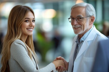 Fototapeta premium Young business woman shaking hand with elderly doctor, Generative AI