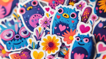 Colorful cartoon stickers of cute monsters with flowers and hearts.