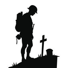 Naklejka premium a black silhouette of a soldier standing on top of a hill. The soldier is wearing a cap and carrying a backpack on his back.