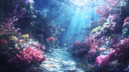 an underwater scene with a vibrant and colorful coral reef. Sunlight filters through the water, casting beams of light that illuminate the scene.