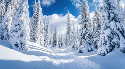 Obraz premium The landscape showcases a peaceful forest blanketed in fresh snow, with tall, frosted trees lining a winding trail illuminated by bright sunlight