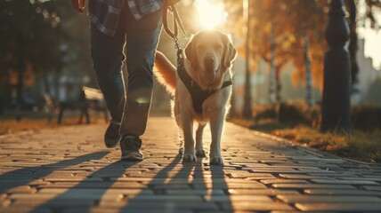 Golden retriever guide dog hiking with owner in the mountains.