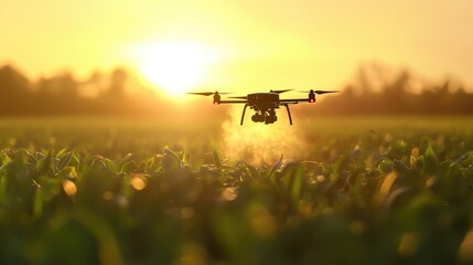 Drone Spraying Crops on Smart Farm at Sunset