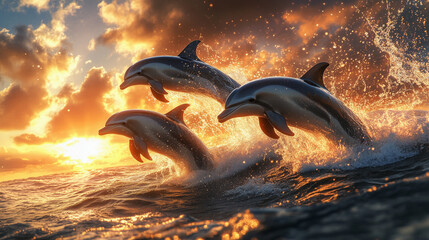 A school of dolphins jumping out of the ocean against a vibrant sunset, splashing water