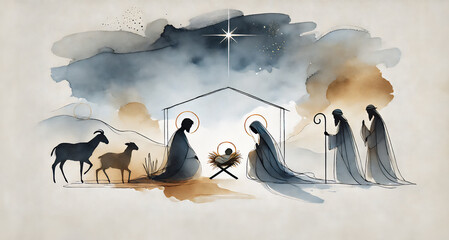 Watercolor painting representing Nativity scene in Bethlehem. Christmas scene illustration showing holy family baby Jesus in the manger Joseph and Mary. Banner or wallpaper. Copy space © melita